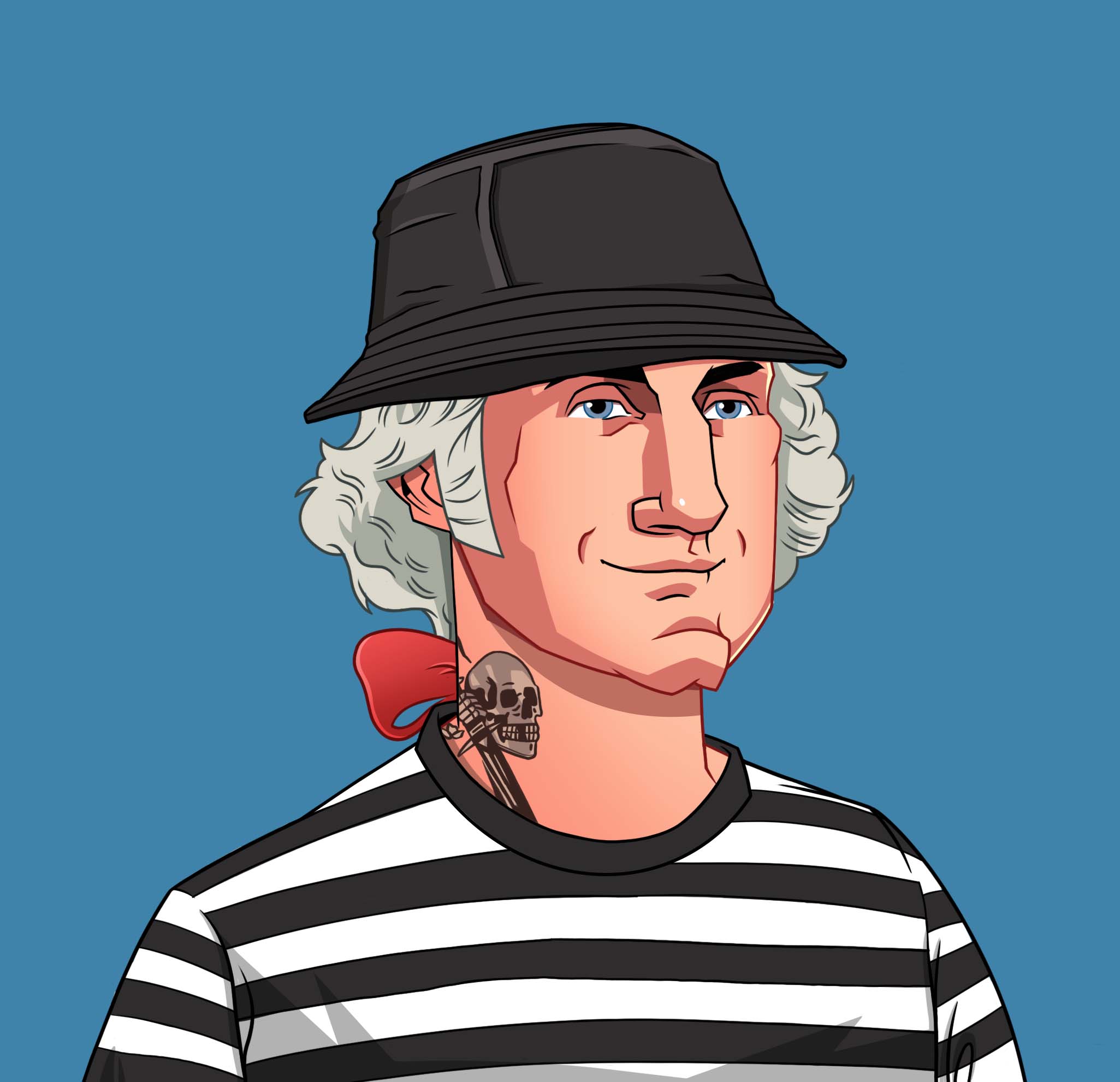 OG George Washington NFT - Striped Tee Round Cap and Tattoo Smile
